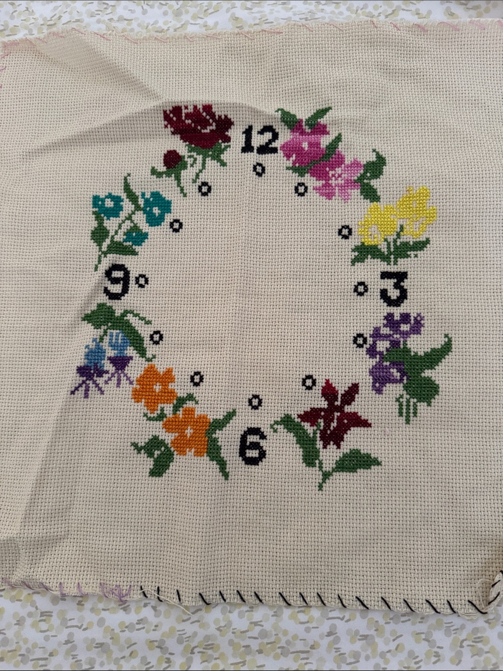 Handmade Floral Cross-Stitch Clock Face - Cream